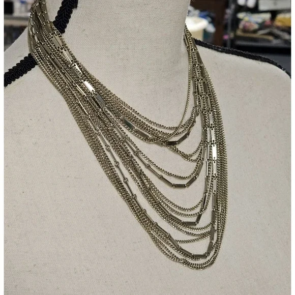 Vintage KRAMER GOLD TONE MULTI STRAND 19"-22" NECKLACE Chain Bib Layer Statement - Picture 2 of 6